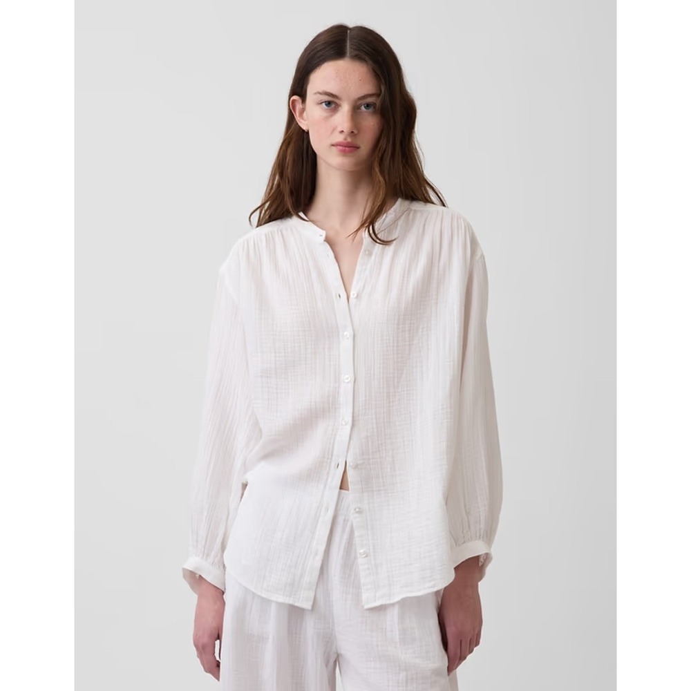 Gap White Crinkle Gauze Button Down Shirt Band Collar Cotton XS